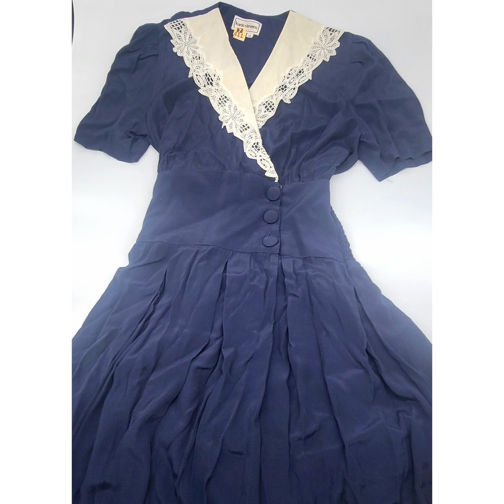 Vintage Karin Stevens Dress Womens 14 Navy Rayon Lace Puff Sleeve Cottagecore Mi